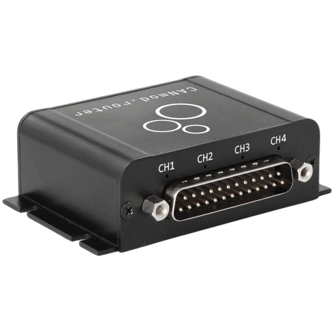 The CANmod.router can connect up to four isolated CAN buses (incl. FD) via the DB25 connector - and route the data through one CAN bus via the DB9 connector (or via USB)