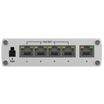 Side view shows  power  connector, 4 PoE out ports and 1  additional Ethernet port