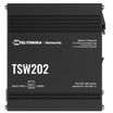 Top view of the TSW202 label with Teltonika logo, made inLithuania, power connector diagram, and PoE out and default IP information